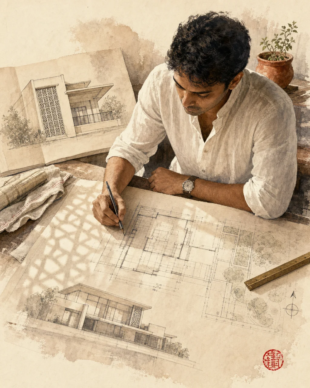Watercolour: architect's desk with a LEINOS specification sheet, brass swatch fan, and a sprig of linseed flax