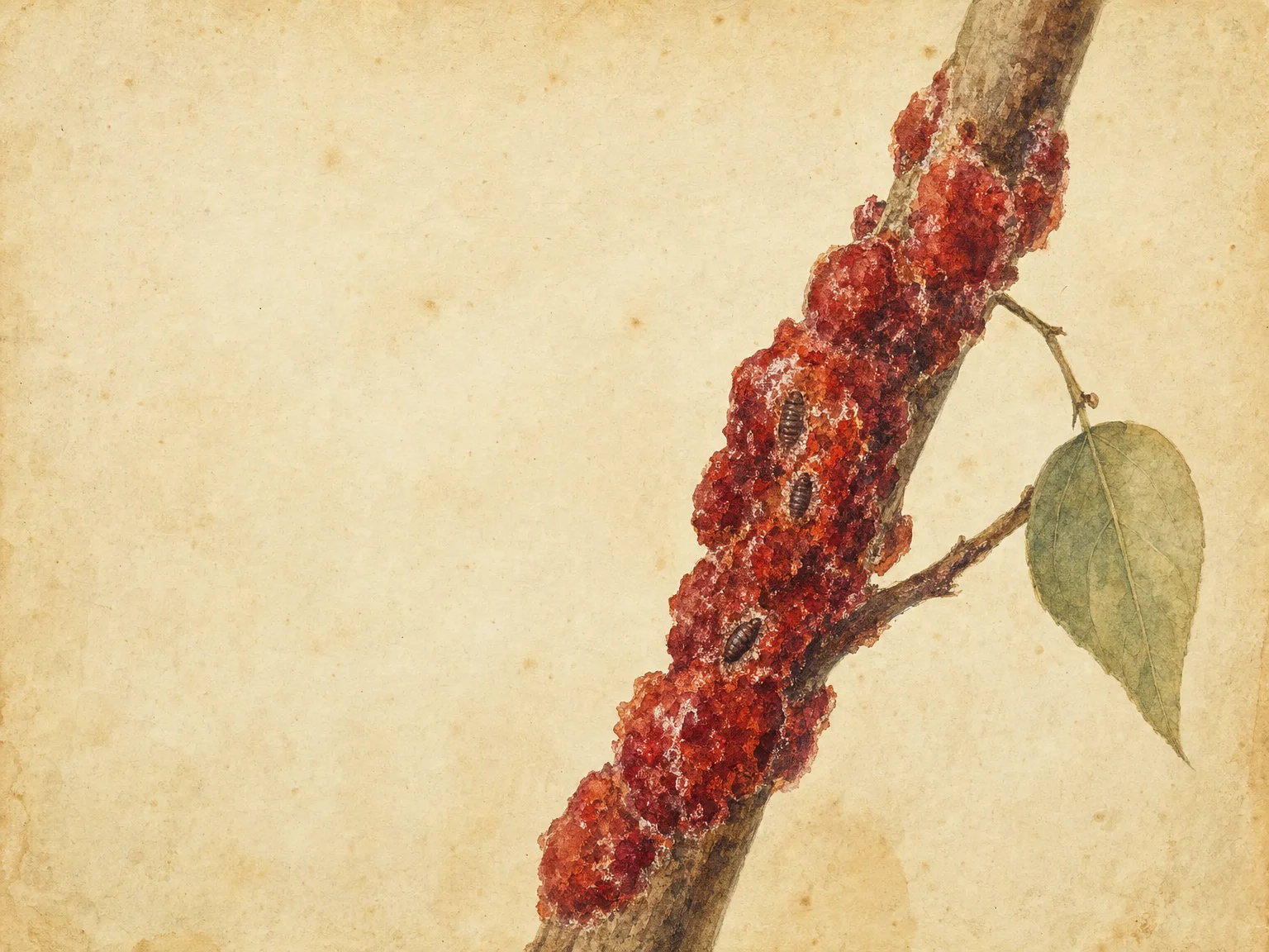 Shellac (Kerria lacca) — botanical watercolour. Natural Resin.