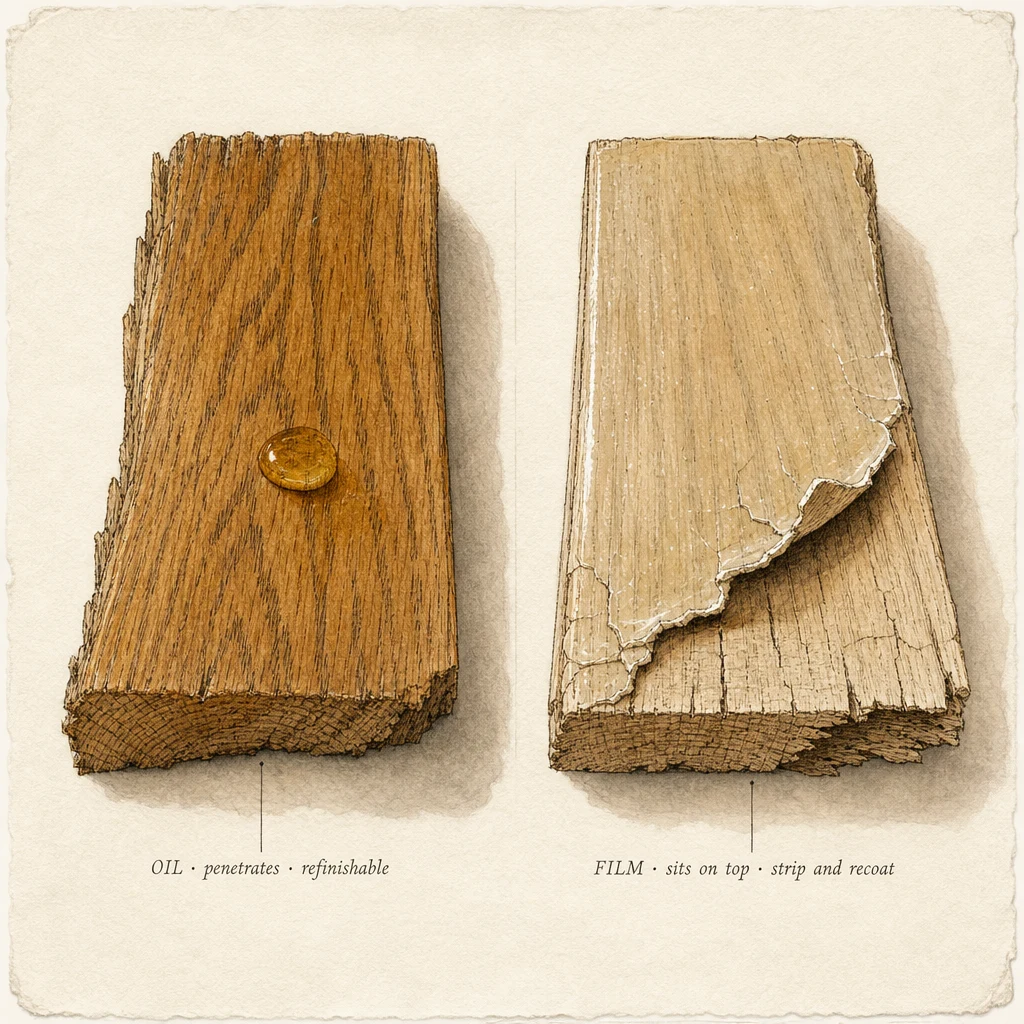 Material-register comparison of two oak fragments — one finished with hand-rubbed linseed oil, the other with a film-forming synthetic coating. Documenting how each binder chemistry behaves on wood.