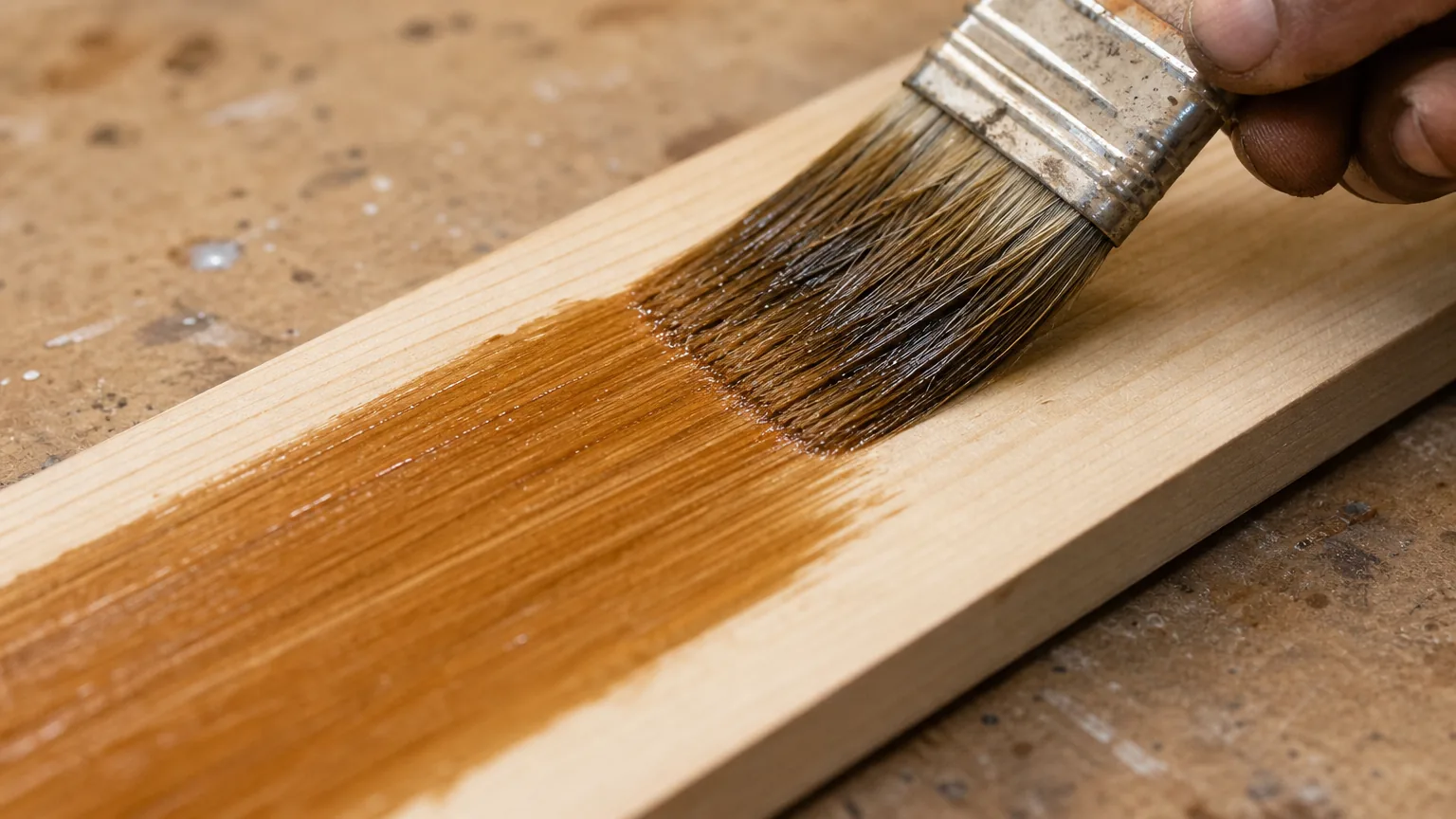 Indian carpenter brushing primer along the grain on a softwood plank in a workshop