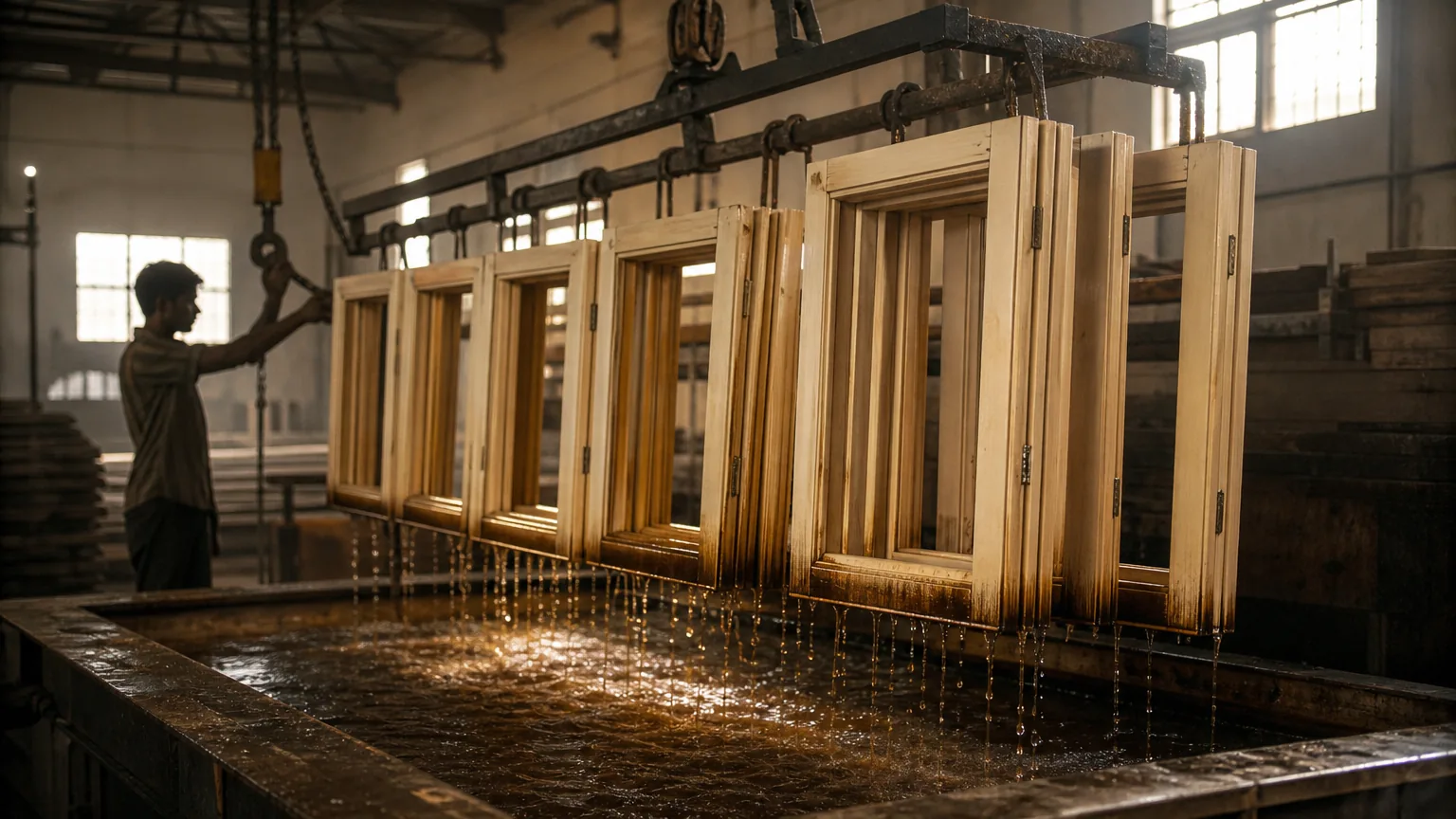 Softwood window casements being lifted from a workshop dipping tank of primer