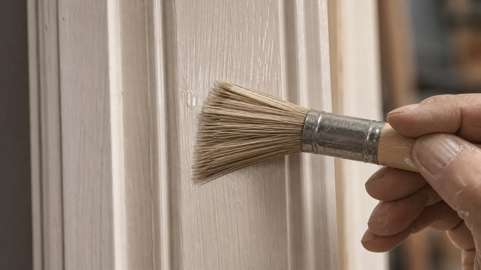 Hand smoothing glossy excess primer on a softwood doorframe twenty minutes after first coat