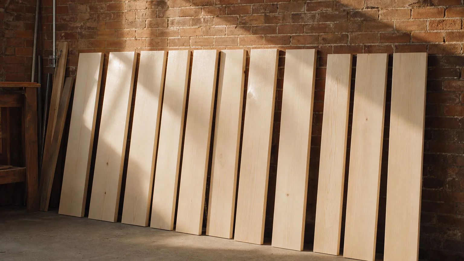 Primed softwood planks curing vertically against a workshop wall in afternoon light