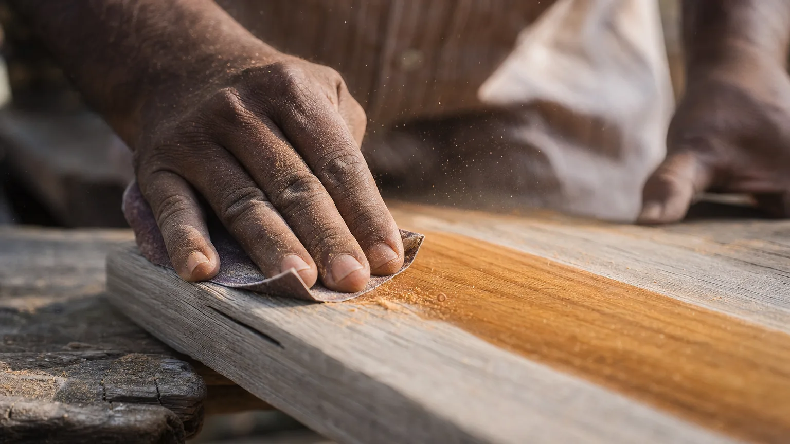 Indian craftsman hand sanding greyed weathered teak plank, fresh honey-amber wood emerging underneath