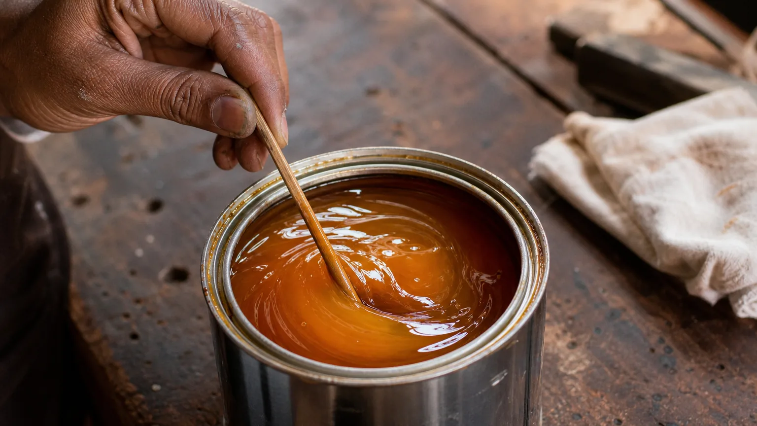 Hand stirring amber natural wood oil in open paint tin with wooden stirring stick, oil swirling