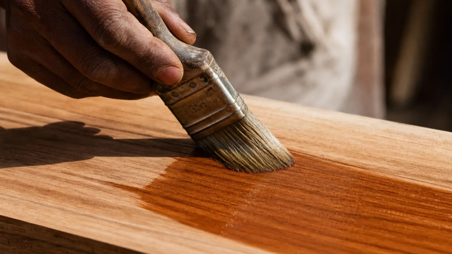 Indian craftsman brushing amber teak oil thinly with the grain on bare honey-toned tropical hardwood