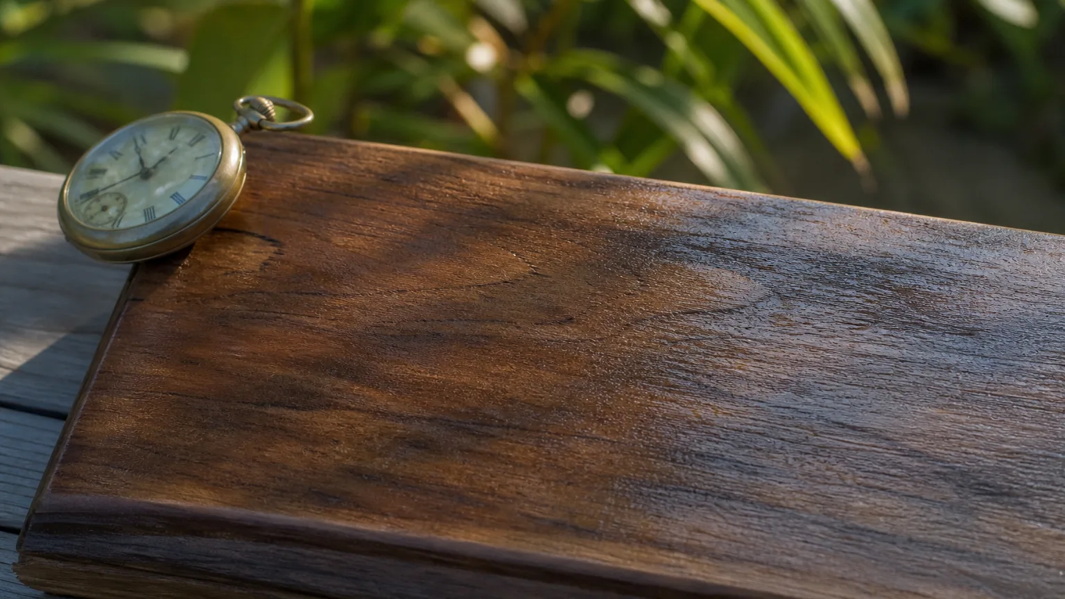 Freshly oiled teak plank drying on a terrace at golden hour, vintage brass pocket-watch at the corner