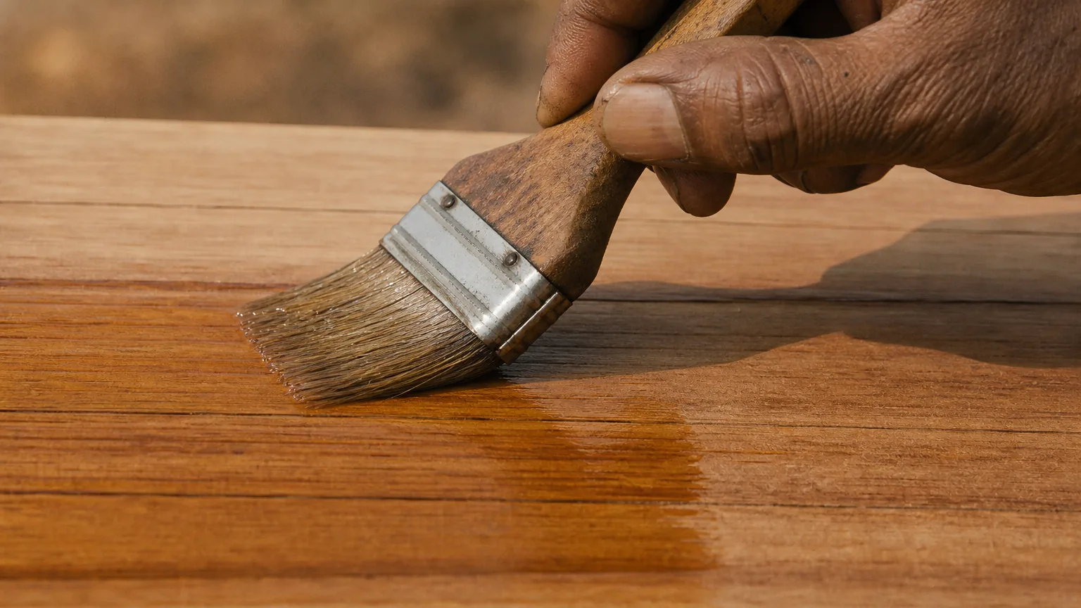 Indian craftsman brushing second coat of teak oil along the grain, smooth continuous brushstroke
