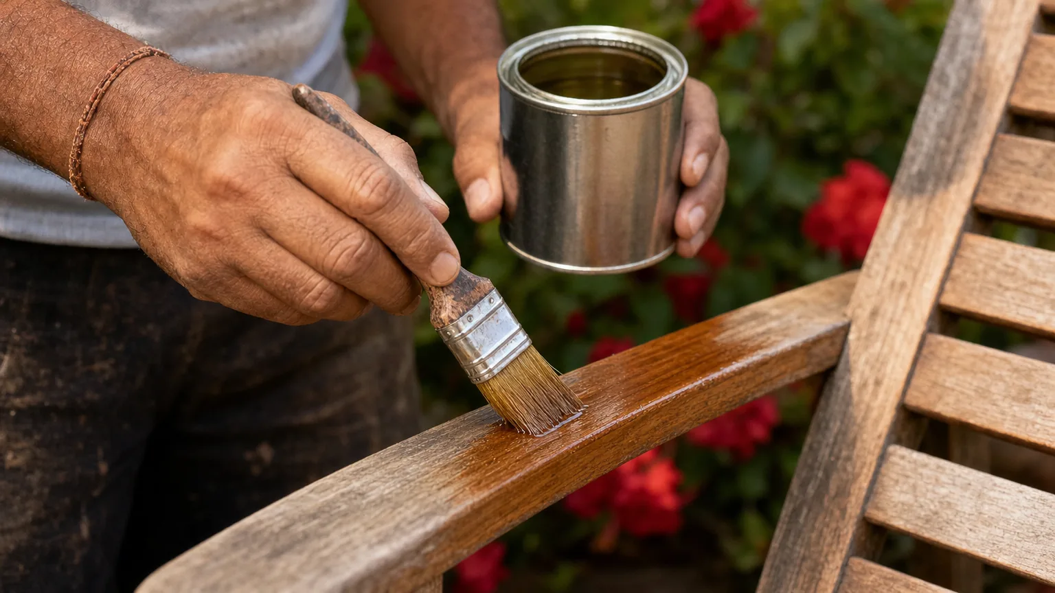 Indian craftsman re-oiling exterior teak garden chair arm in-situ, tin in one hand, brush in the other