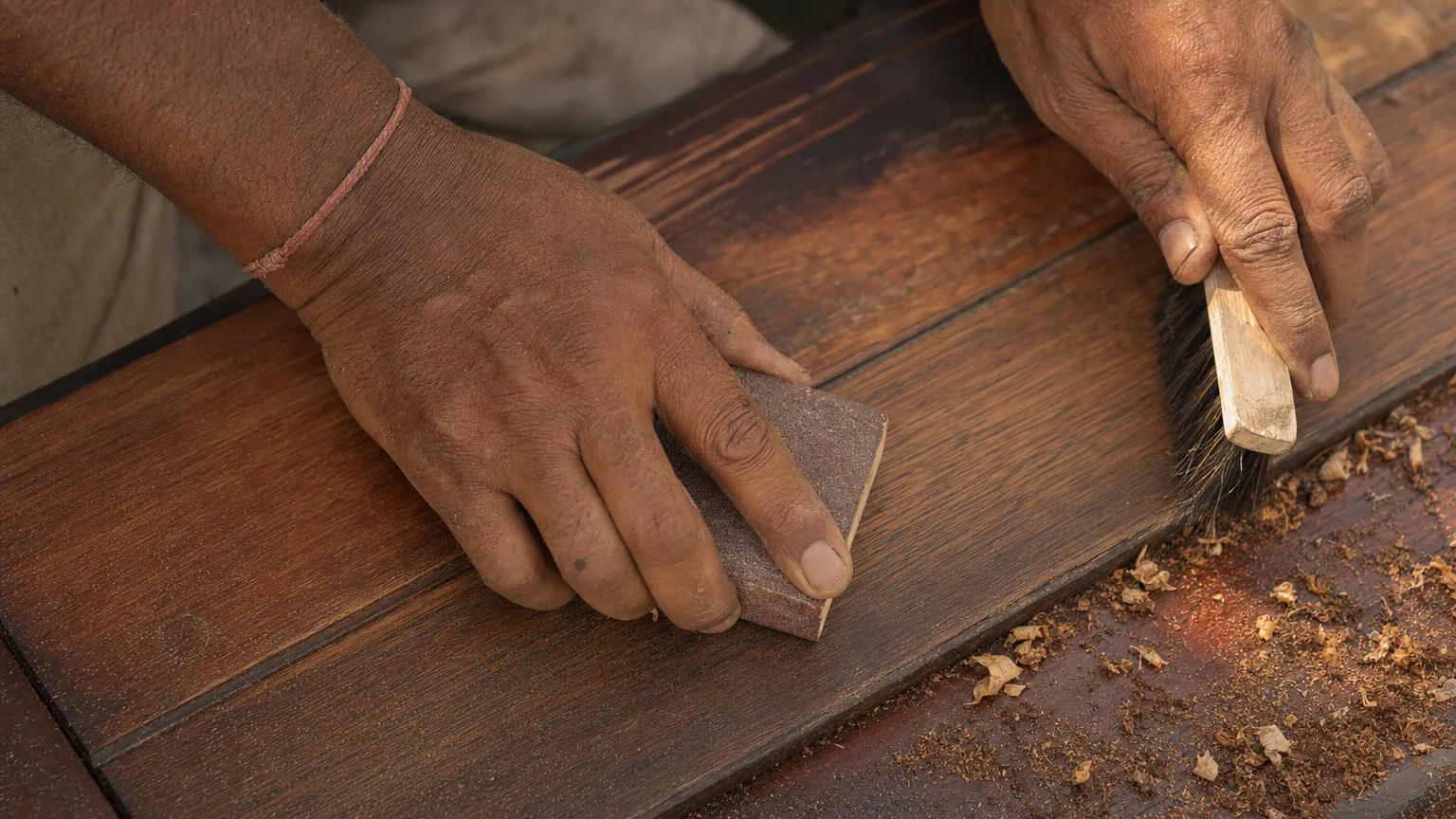 Indian craftsman sanding tropical hardwood deck board with 120-grit block, dust visible