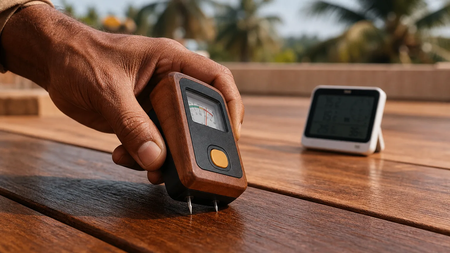 Moisture meter on tropical hardwood deck with weather station beside it