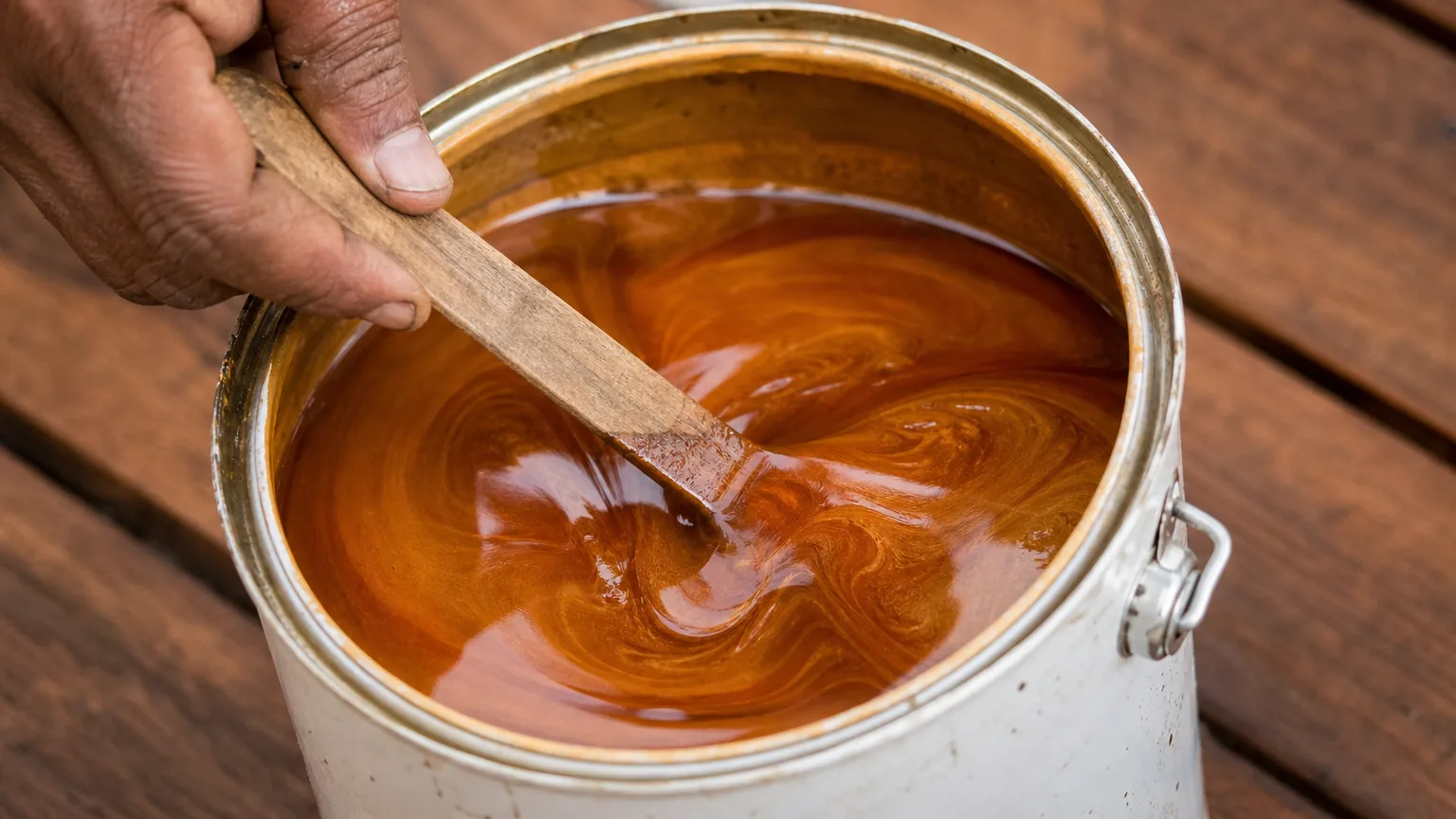 Indian hand stirring warm amber wood oil in an open metal can on teak deck