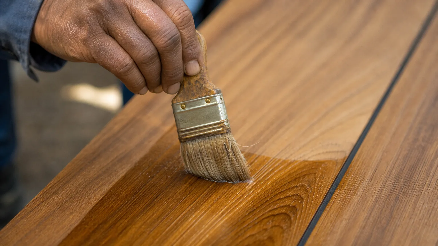 Indian craftsman brushing thin first coat of wood oil along teak deck grain