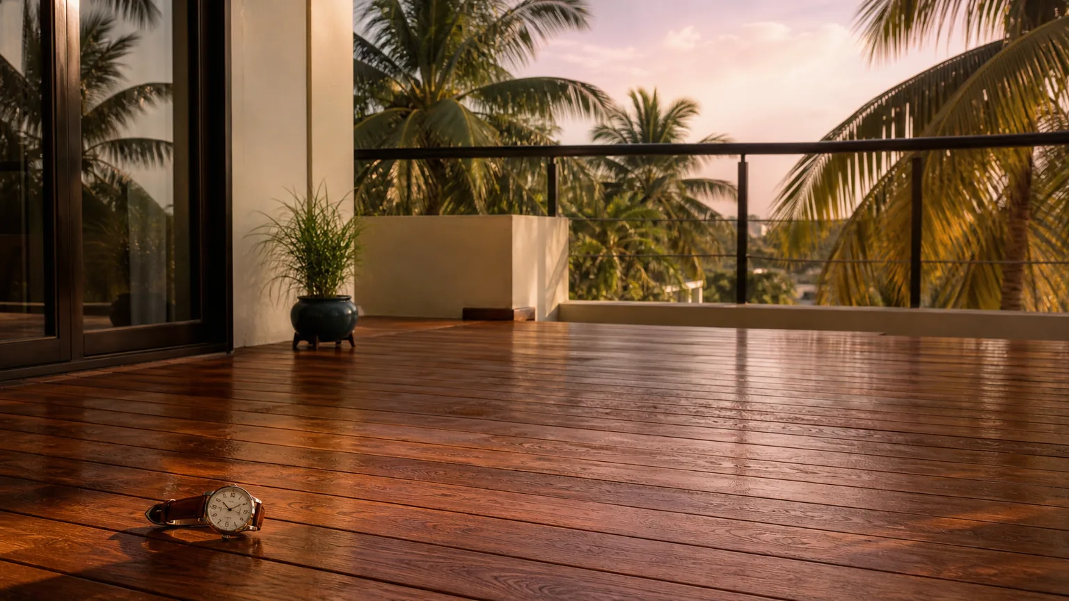 Freshly oiled tropical hardwood terrace deck drying at golden hour, palms in background