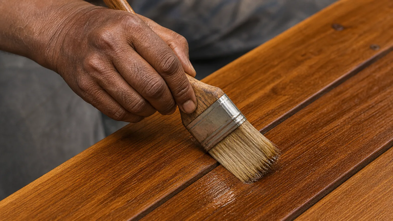 Indian craftsman brushing thin second coat of wood oil along teak deck grain