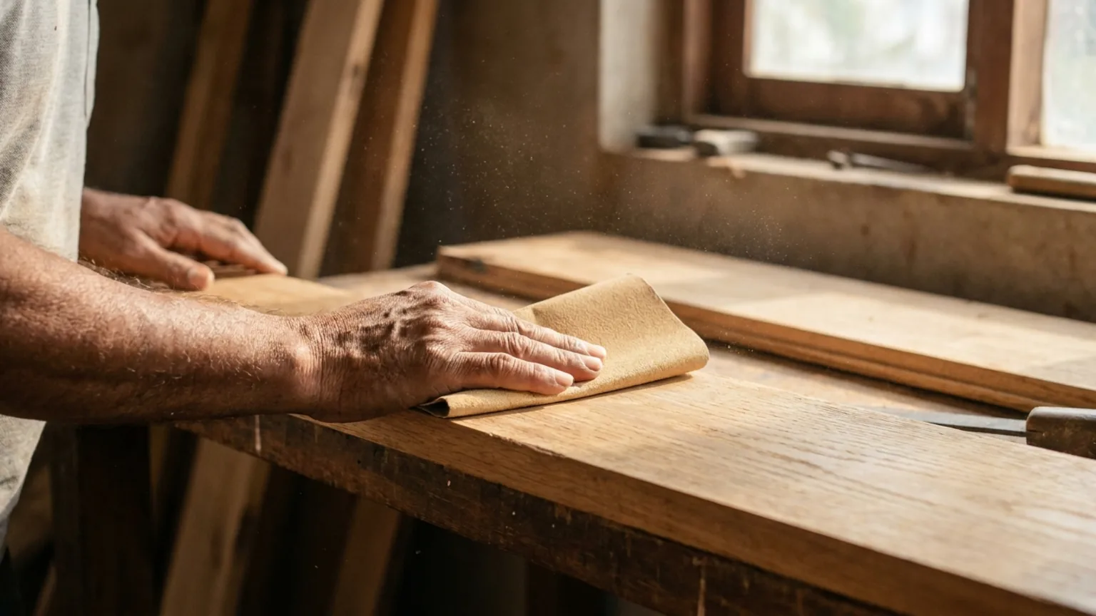 Indian craftsman sanding a solid oak interior floorboard along the grain, fine wood dust