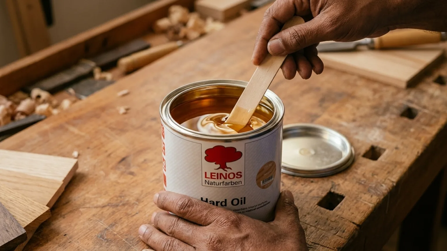 Indian craftsman stirring a tin of warm amber natural wood oil with a wooden stick