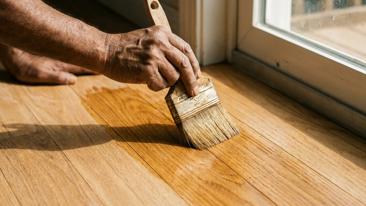 Indian craftsman brushing a thin first coat of penetrating oil into bare oak floorboards