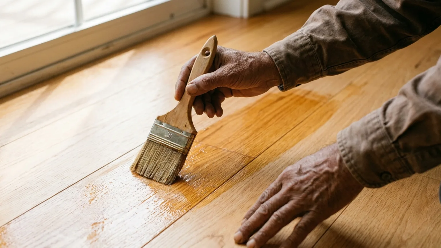 Indian craftsman applying a wet-on-wet second coat of wood oil to an interior oak surface