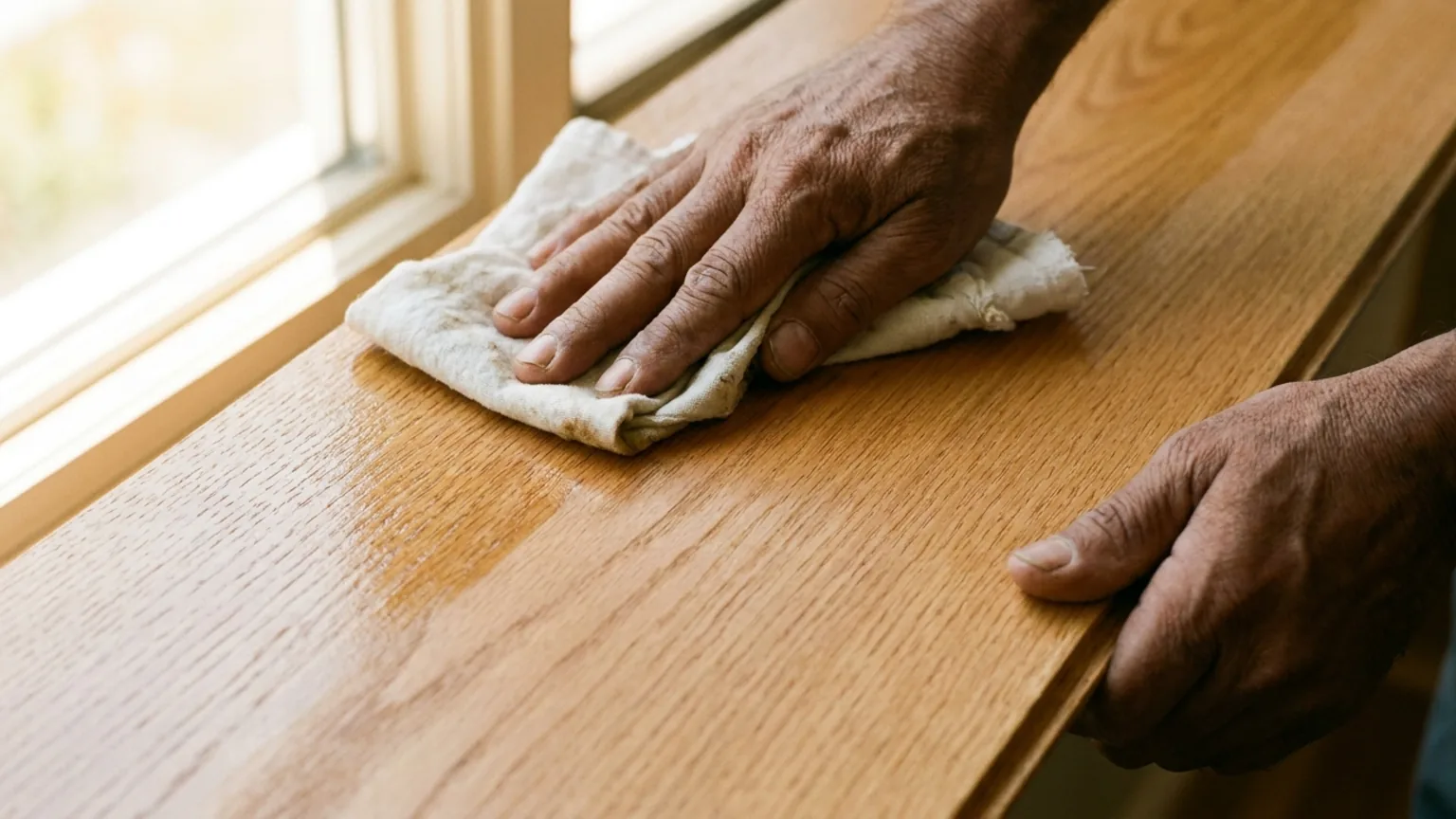 Indian craftsman wiping excess oil from an oiled oak floor with a folded cotton cloth