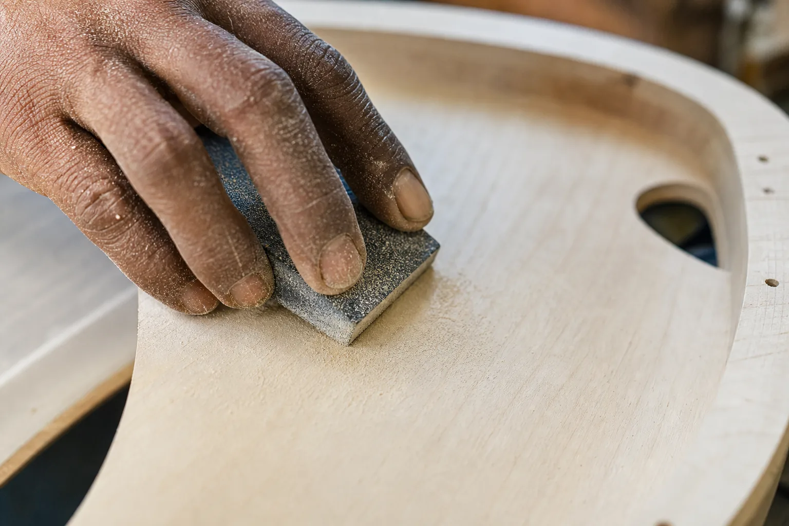 Indian craftsman sanding a pale maple interior surface along the grain, fine light wood dust
