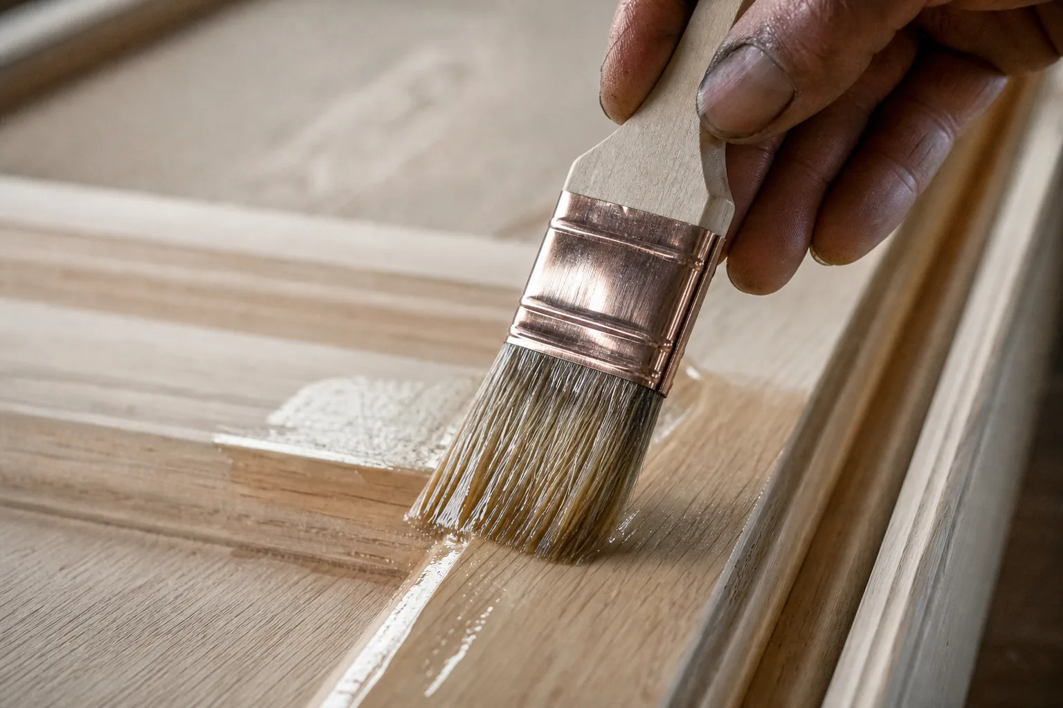 Indian craftsman applying a wet-on-wet second coat of clear wood oil to a pale interior surface