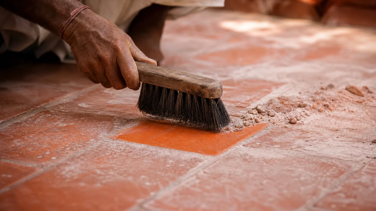 Indian craftsman hand-brushing dust and salt efflorescence off a terracotta-tiled haveli courtyard floor