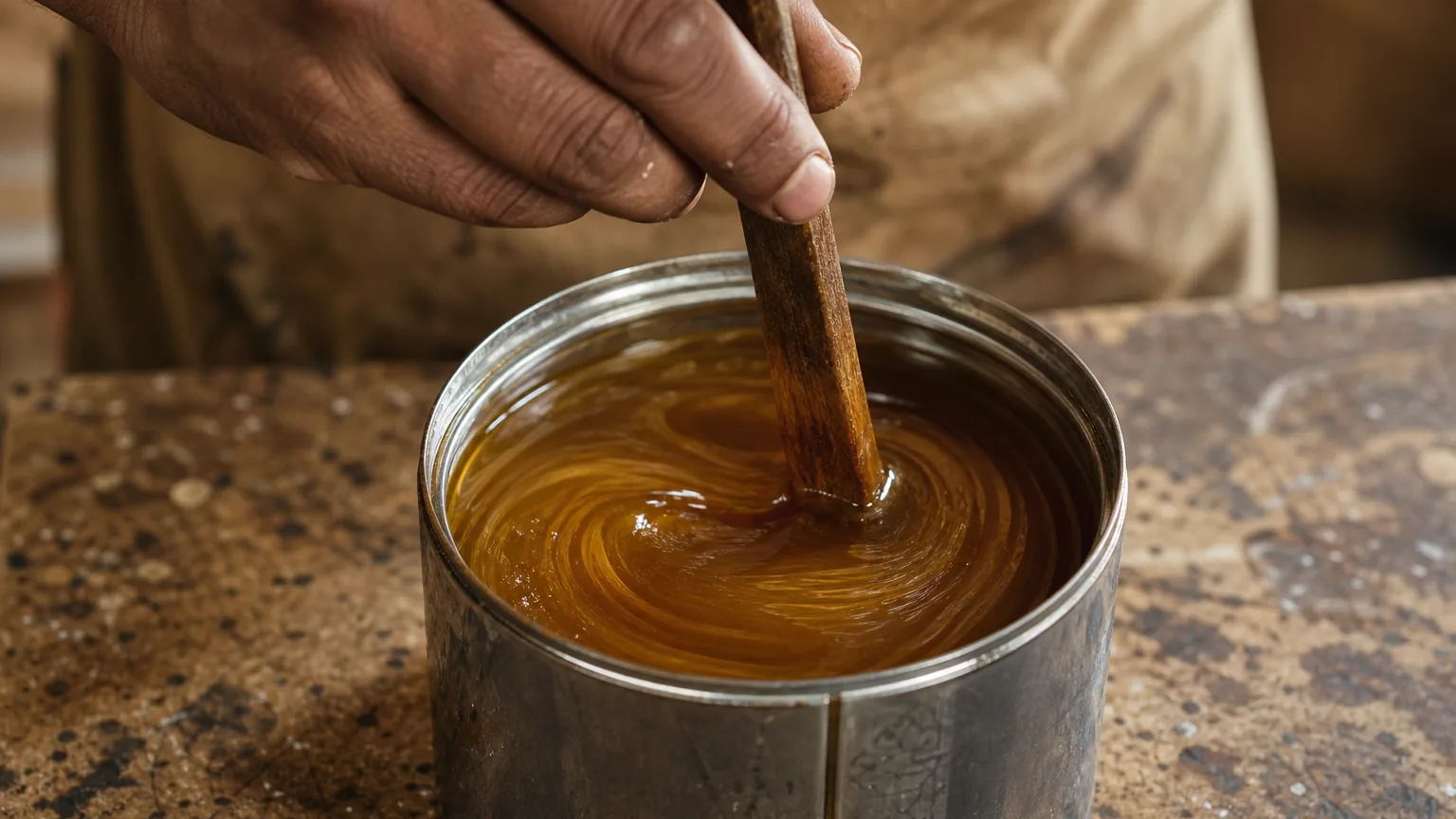 Indian craftsman hand stirring amber stone and concrete oil in an open tin with a wooden stir stick