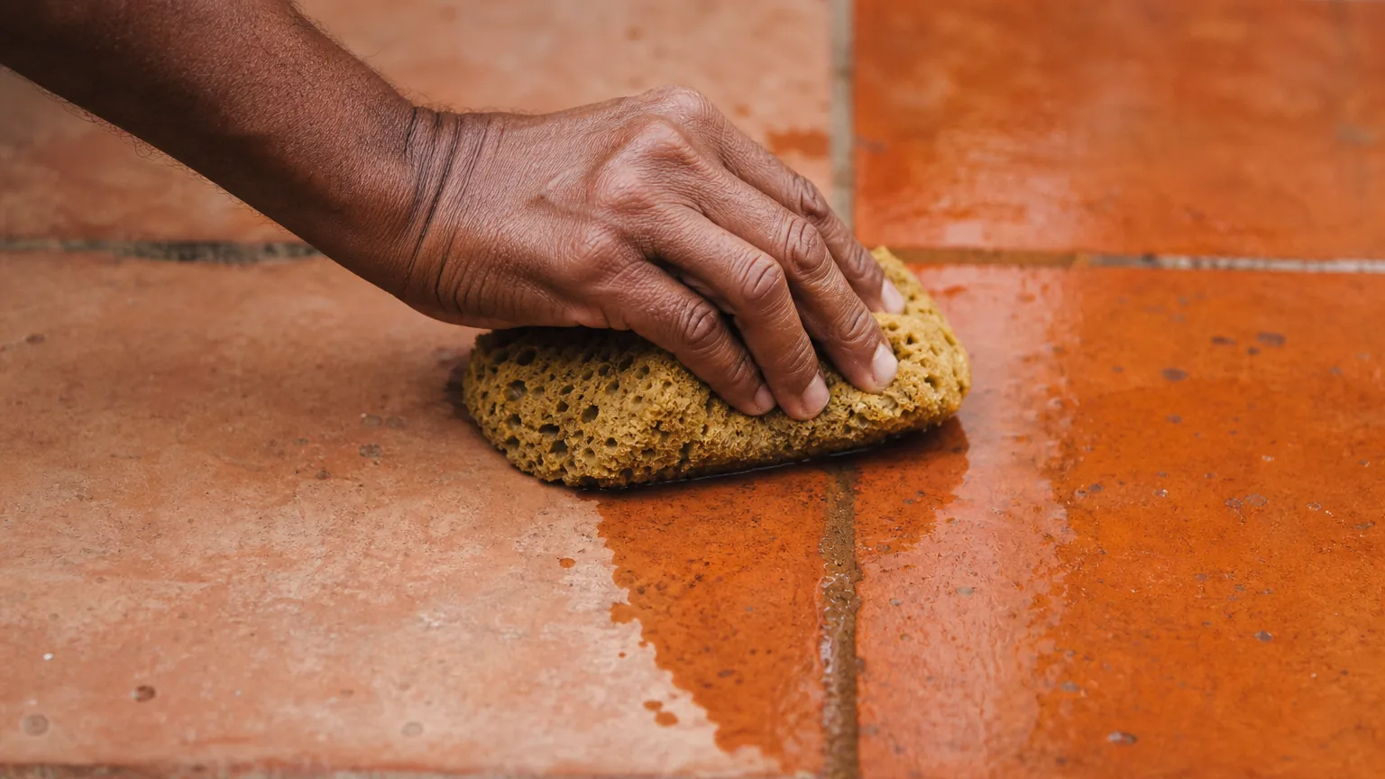 Indian craftsman applying first coat of amber stone and concrete oil to terracotta tile with a natural sponge