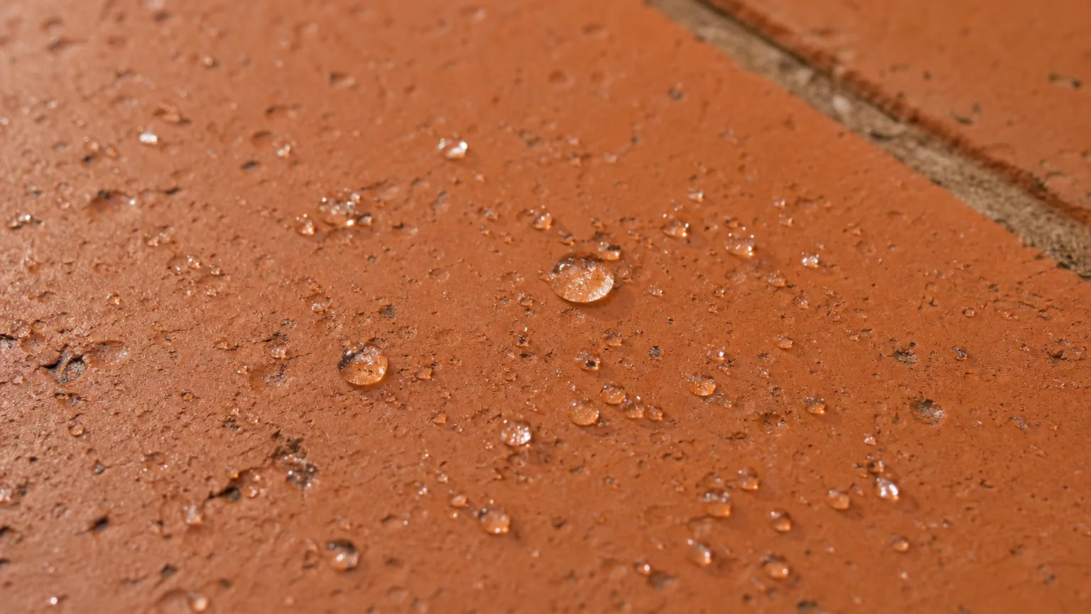 Pristine water droplets beading on a cured oiled terracotta floor surface, demonstrating water-repellent finish