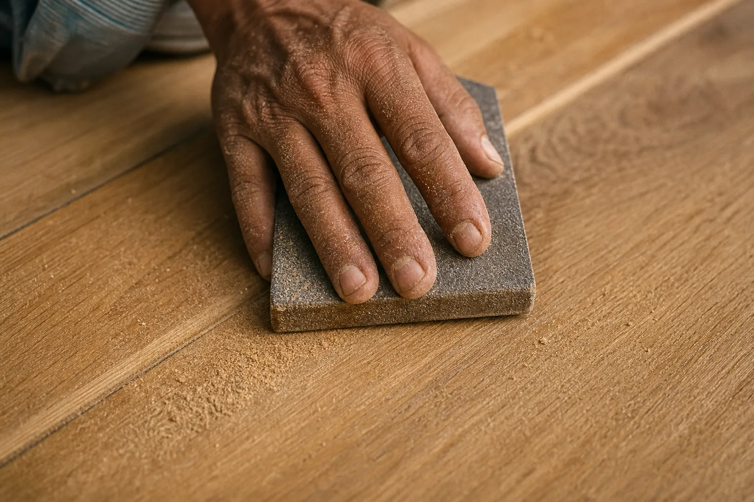 Indian craftsman sanding a solid oak interior floorboard along the grain, fine wood dust