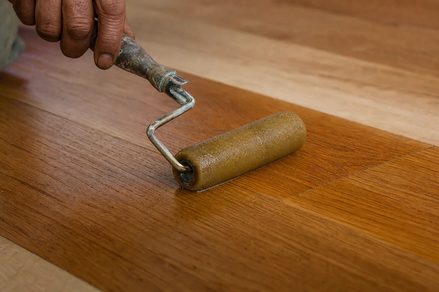 Indian craftsman rolling a thin first coat of penetrating amber oil into bare oak floorboards