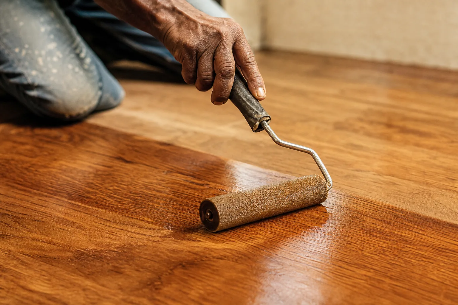 Indian craftsman applying a further thin coat of wood oil to an oiled interior oak surface