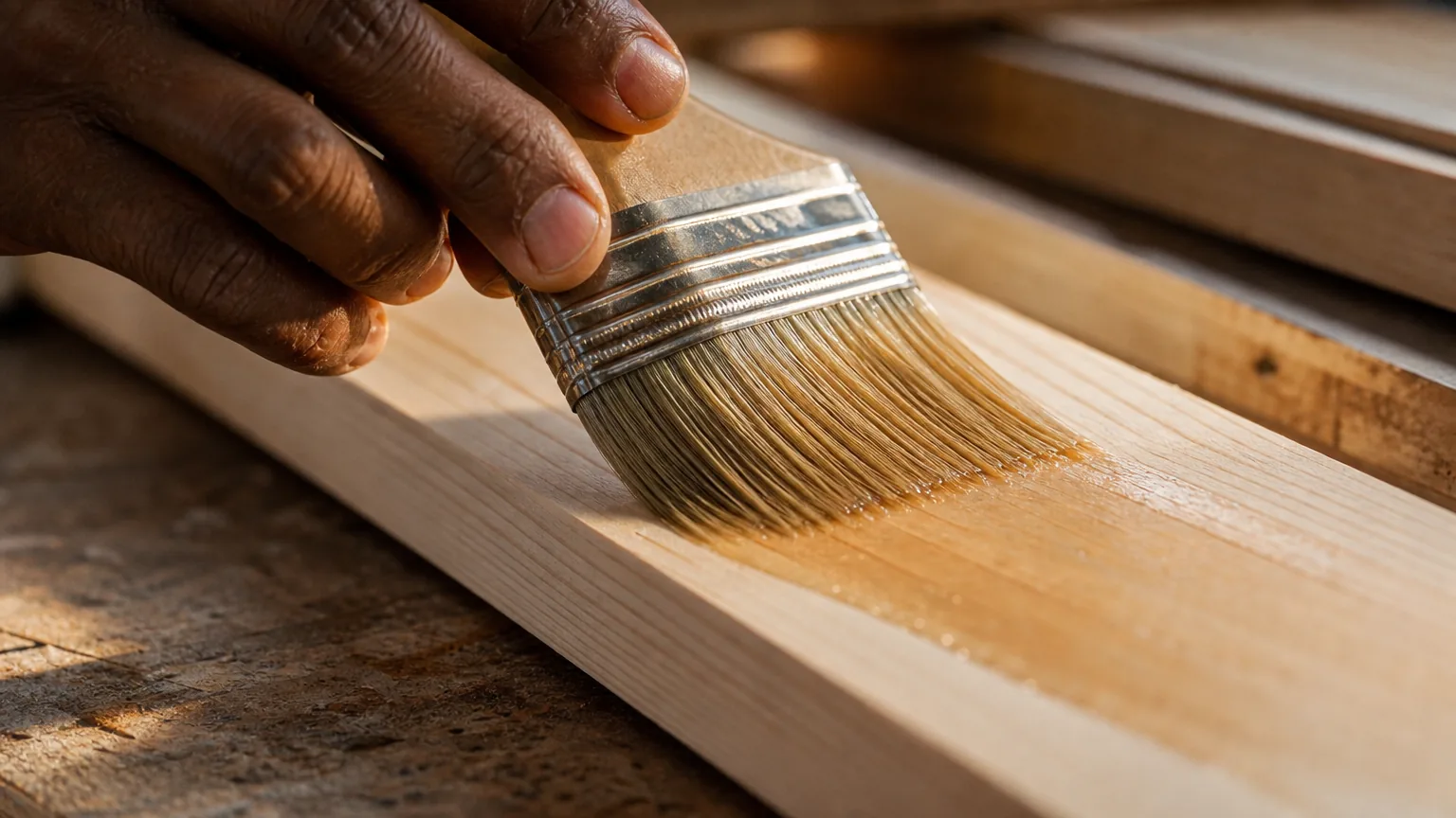 Brush applying clear impregnation primer along the grain of a pine window scantling