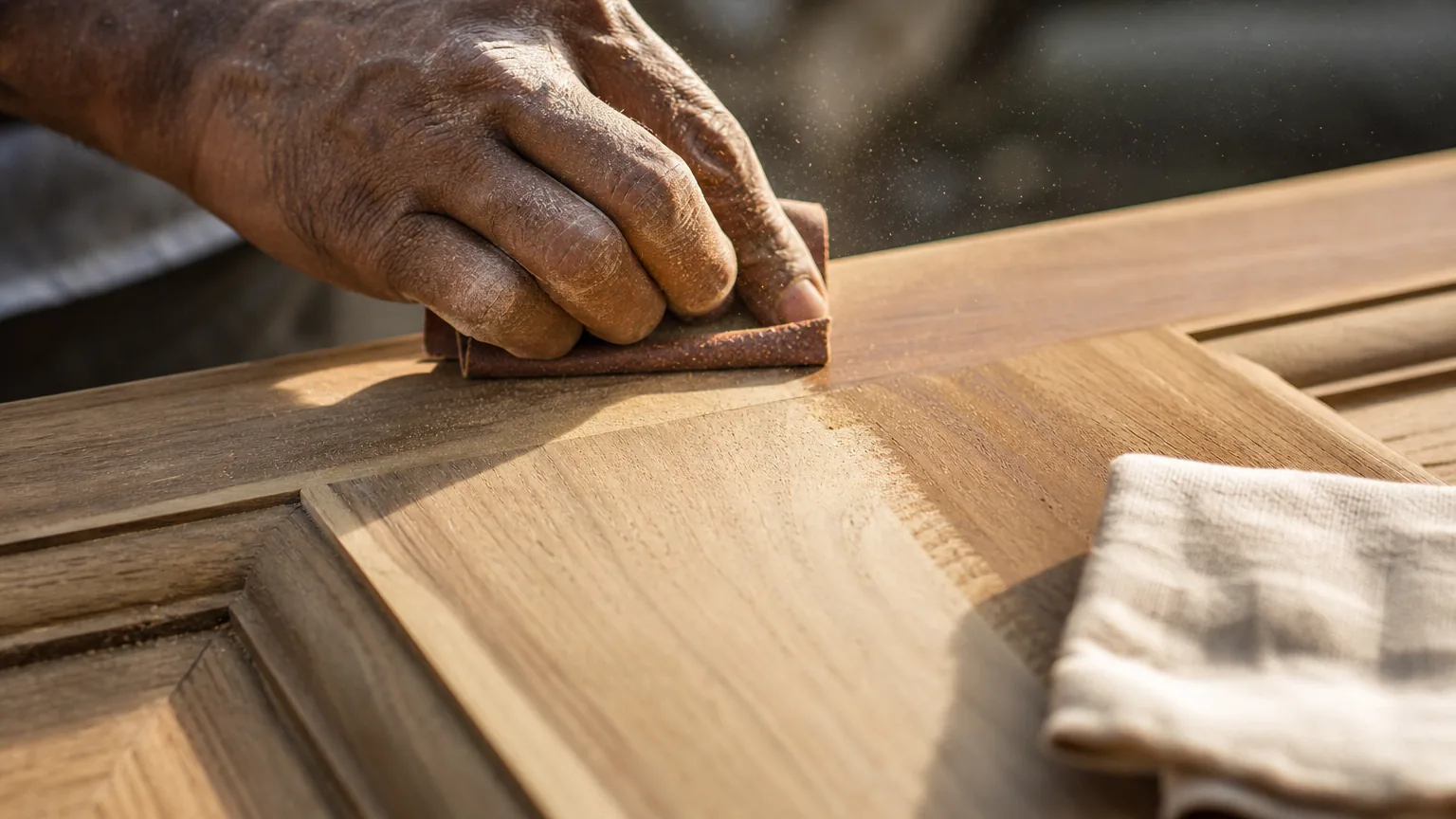 Indian craftsman sanding a timber window rail with 150-grit sandpaper in soft daylight