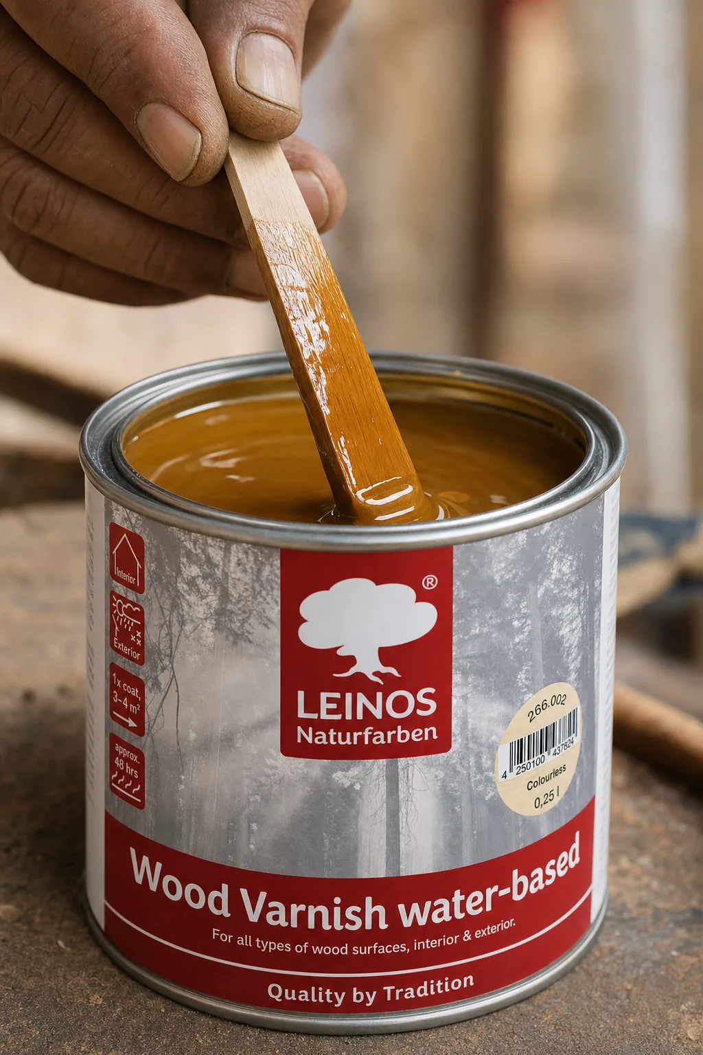 Craftsman stirring water-based wood stain in an open branded LEINOS tin with a wooden stick