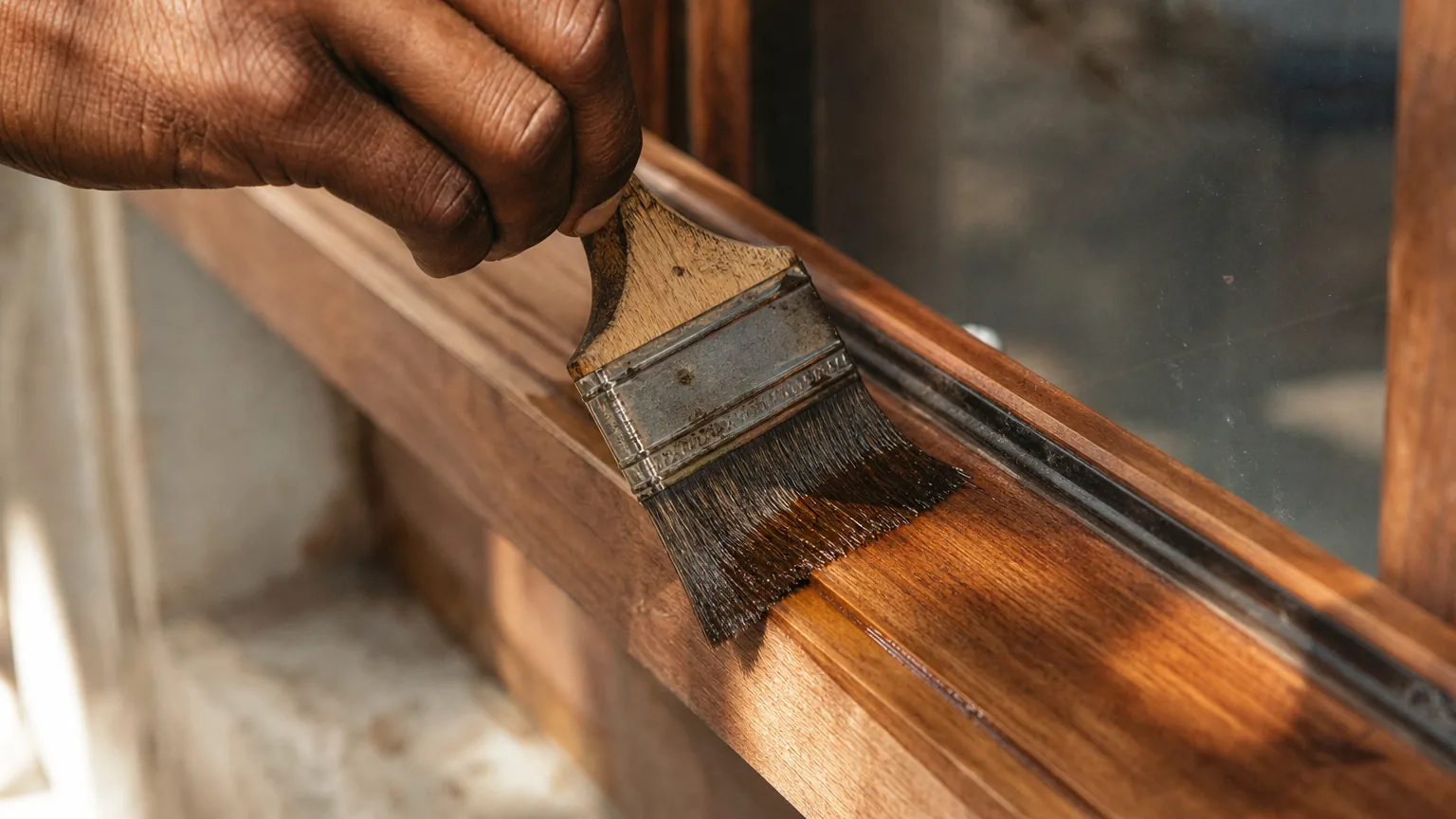 Glaze brush laying a thin translucent first coat along the grain of a timber frame