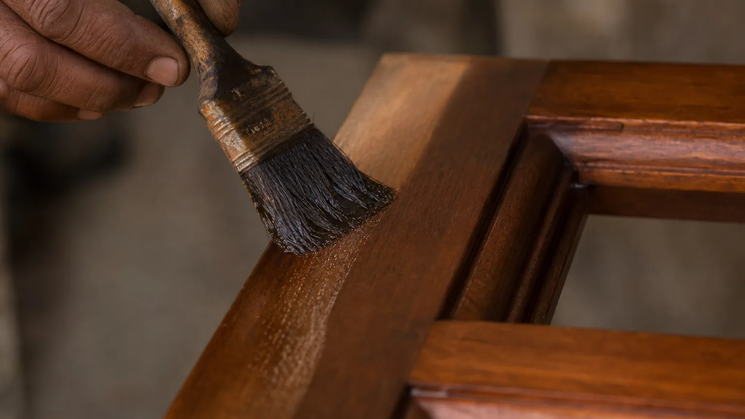 Second coat of translucent wood stain brushed along the same timber frame