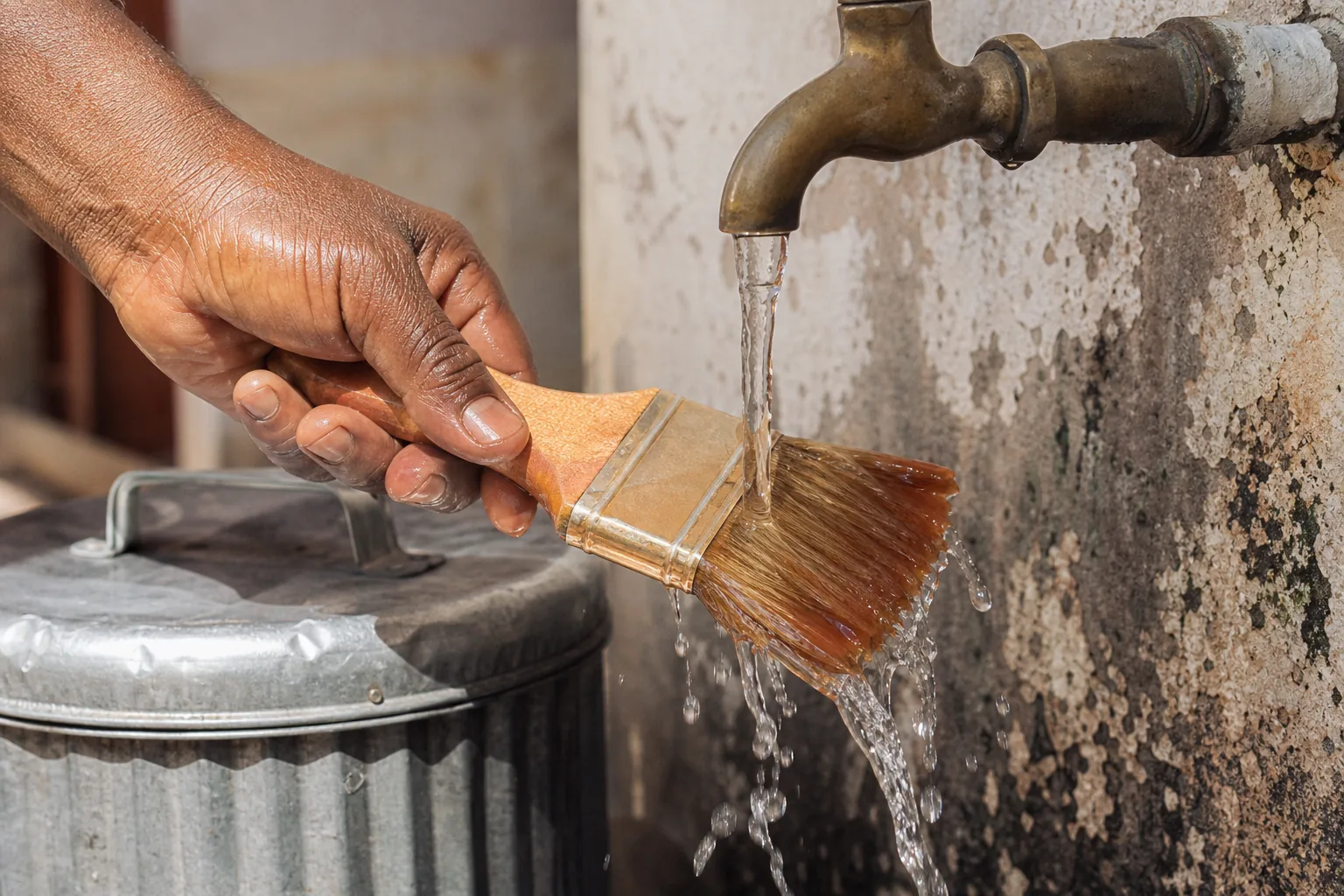 Painter rinsing a wood-glaze brush under clean running water, sealed metal rag bin beside