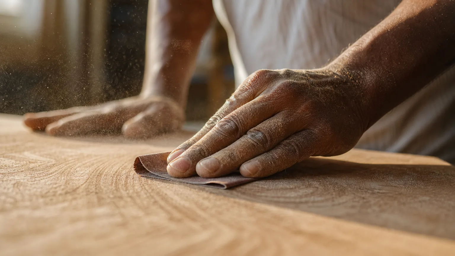 Indian craftsman sanding solid-wood kitchen worktop with 240 grit; raking light, fine wood dust visible