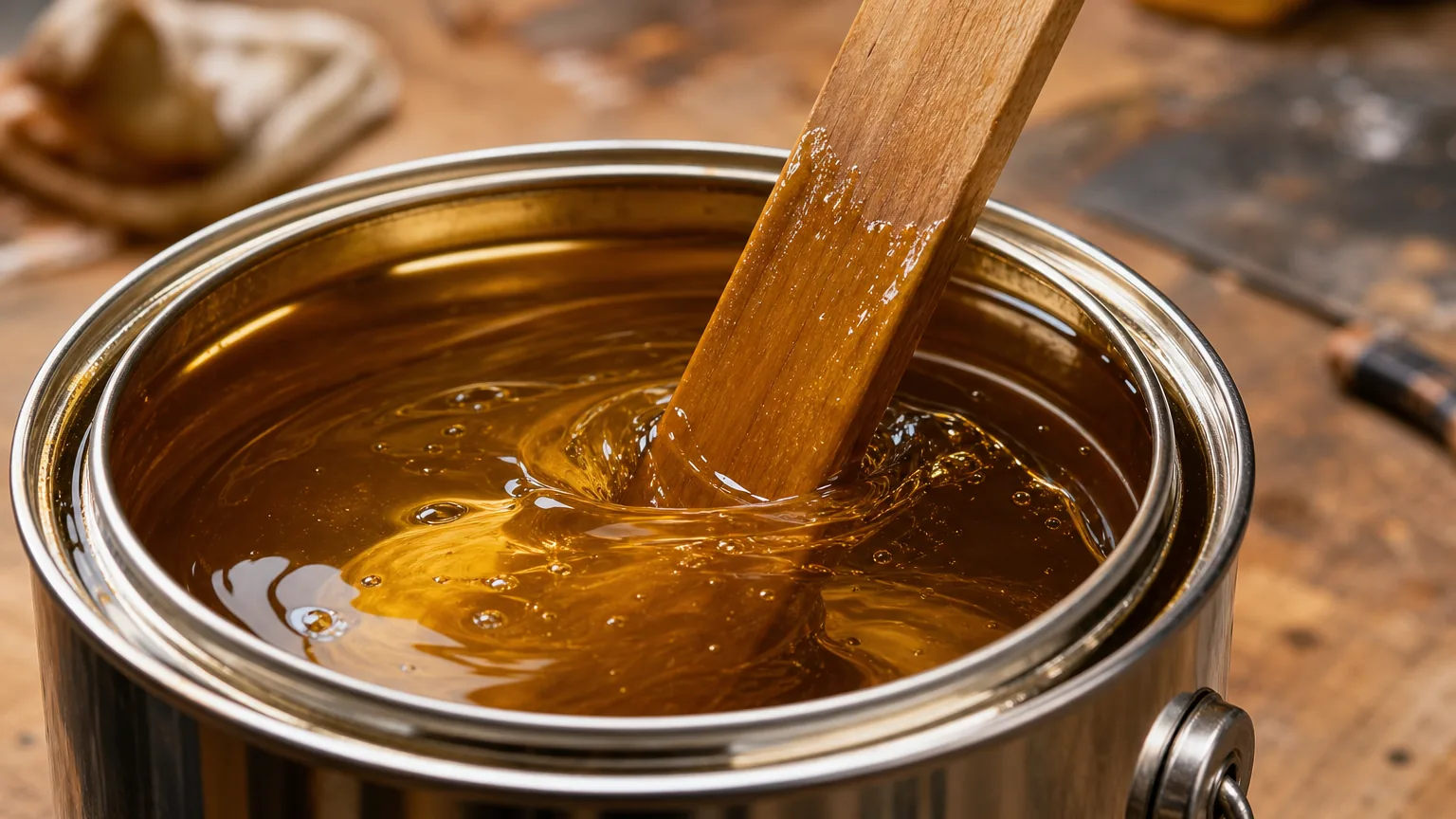 Hand stirring LEINOS 280 with a wooden stick in an open 2.5L tin on a workshop bench