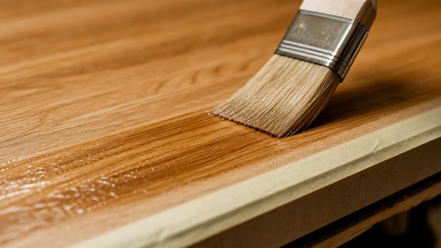 Second coat of LEINOS 280 brushed onto a kitchen worktop with edge masking
