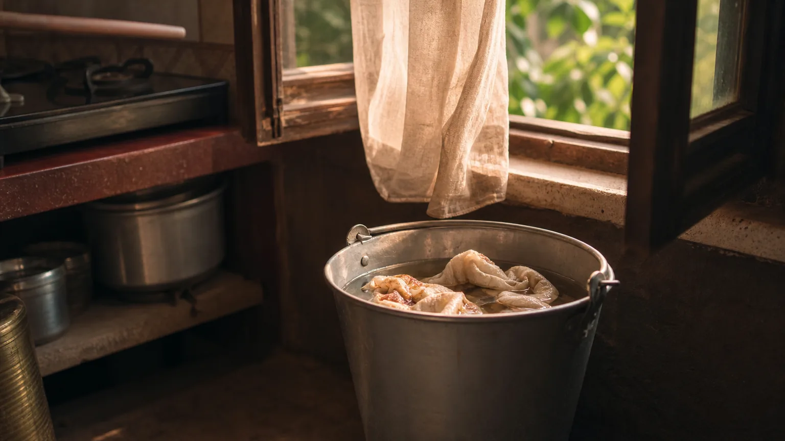 Open window with airflow; oil-soaked rags submerged in a metal pail of water in the foreground