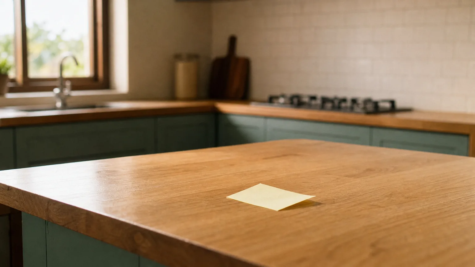 Finished oak worktop ready for use after 7-day cure