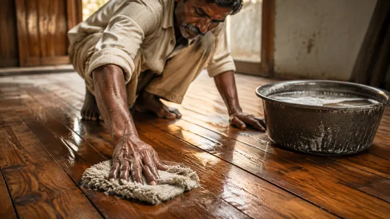 A craftsman damp-wiping an oiled plank floor with a short-pile mop and clear soapy water before the oil goes on