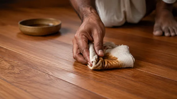 Hands lifting surplus oil off a timber floor with a folded lint-free cloth, leaving a dry even surface