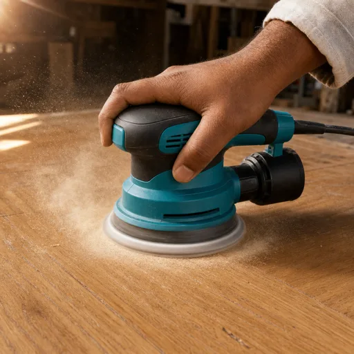 Indian craftsman sanding oak floor with single-disc machine, dust spraying outward