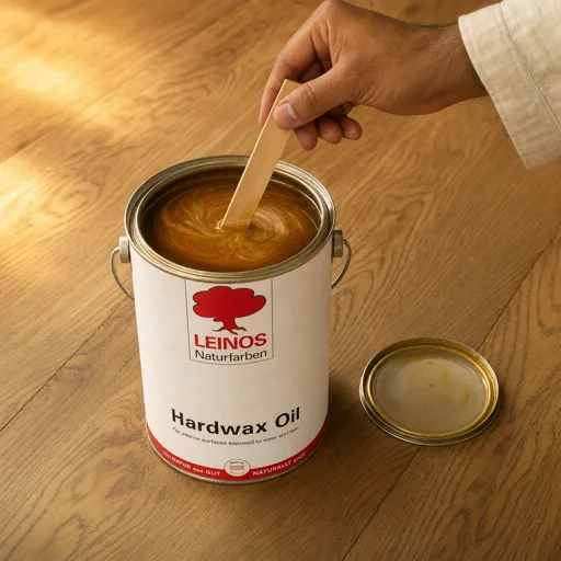 Indian hand stirring re-blended hardwax oil inside an open LEINOS 290 can