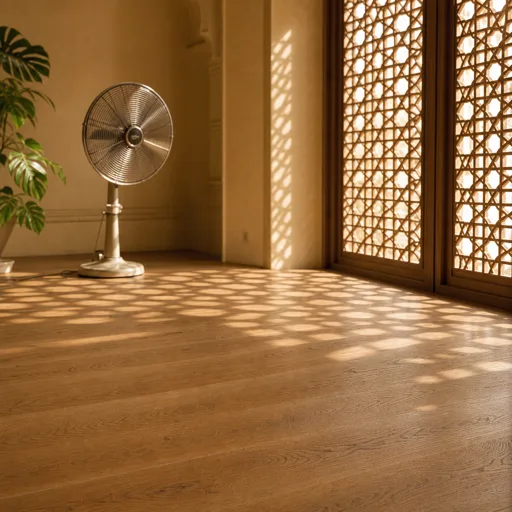 Indian interior with finished oak floor curing under jali-screen daylight and table fan