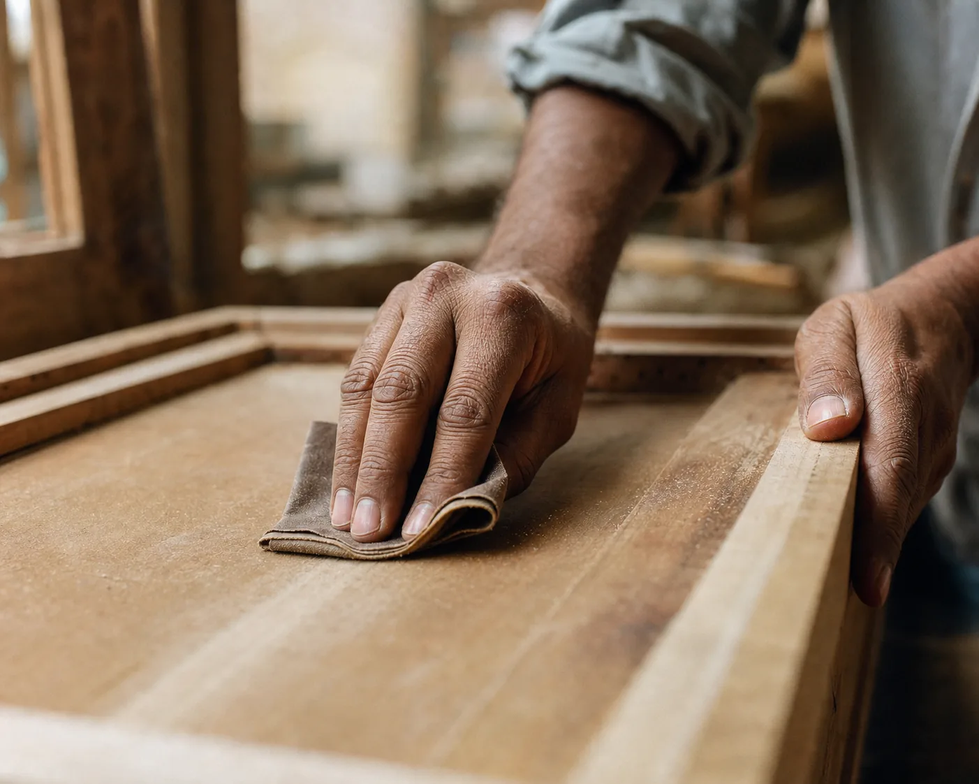 Indian craftsman sanding a bare interior wood panel smooth along the grain with fine sandpaper